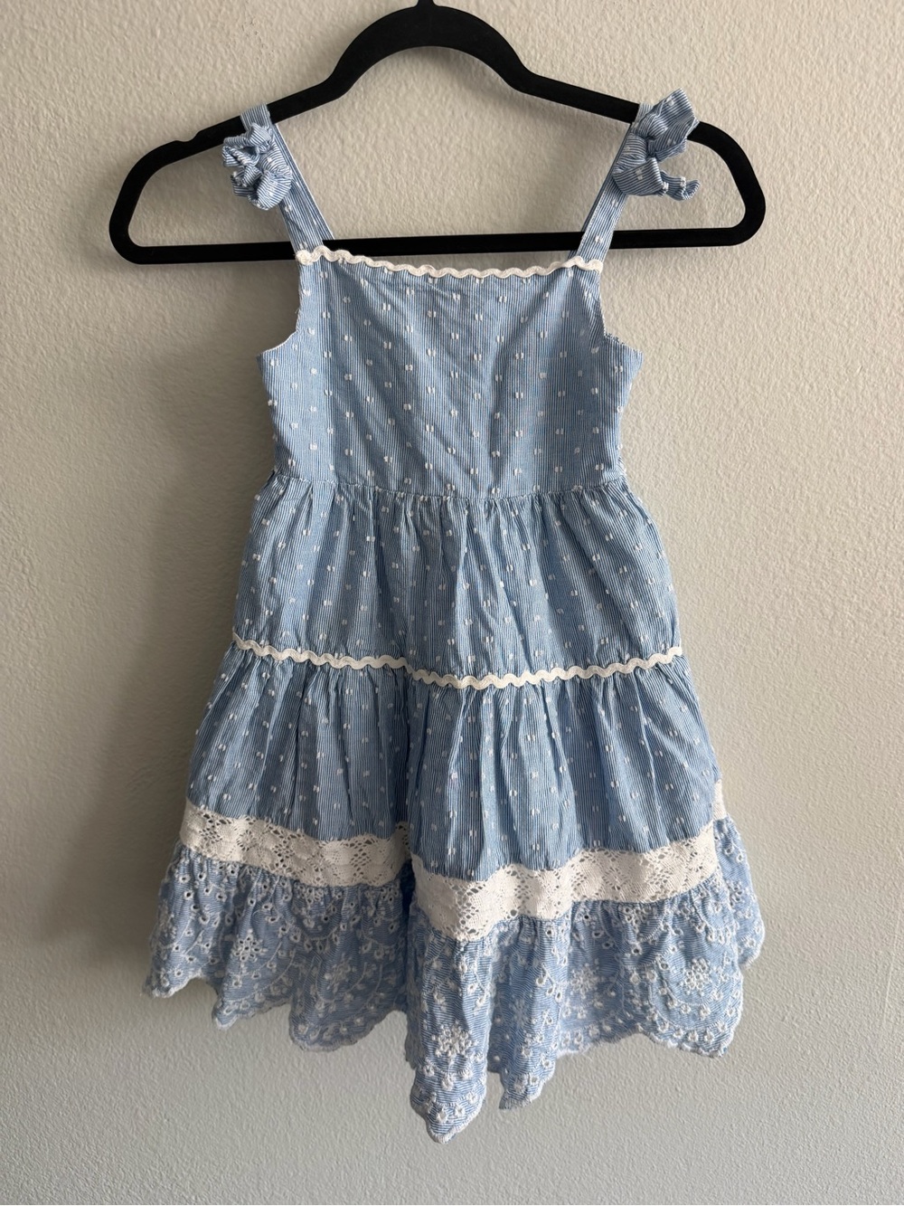 Shabby Chic Girl’s Light Blue Eyelet Tiered Sundress with White Lace Coquette